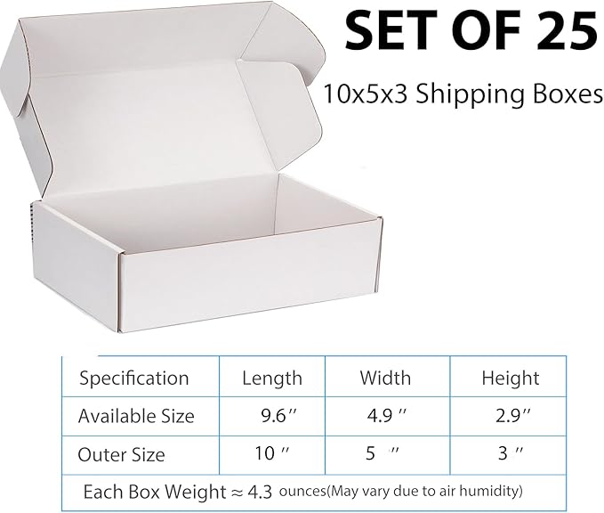 Small Shipping Boxes 10x5x3 Inch (25 Pack) - Sturdy White Corrugated Cardboard Boxes for Small Business, Ecommerce, Mailing & Packaging | Recyclable Gift & Storage Boxes