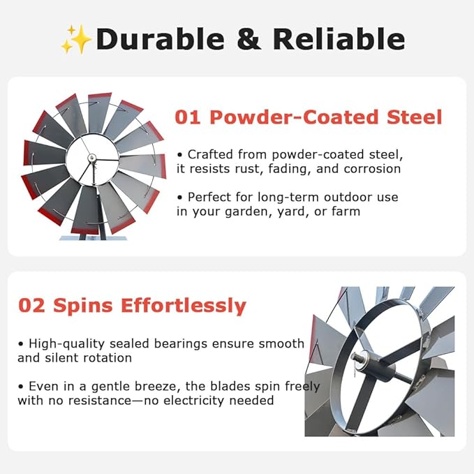 8FT Windmill for Yard Garden Decoration with Weather Vanes，Heavy Duty Outdoor Wind Mills, Large Metal Outdoor Windmill,Weather Resistant,Gray
