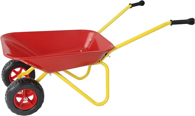 Kids Metal Wheelbarrow Trolley, Two-Wheeled Heavy Duty Utility Cart, Steel Pallet Tray Garden Cart for Children Outdoor Sand Toy Transport