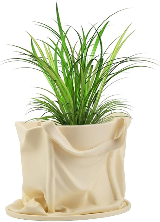 Bag Shape Flower Pot, Tote Bag Planter with Drainage Hole & Saucer, Indoor Small Succulent Cactus Pot for Indoor & Outdoor Garden Decor