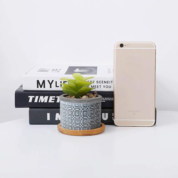 T4U 2.5 Inch Cement Succulent Planter Pot with Bamboo Tray Set of 3, Small Grey Concrete Pot Cactus Plant Container Herb Window Box Decoration for Home Office Gardening Birthday