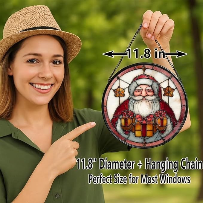 Stained Glass Window Hanging – 11.8 in Santa Claus Holding Presents Panel with Chain， Bathroom Front Door Living Room Garden Decor， Gift for Mom Wife Lovers