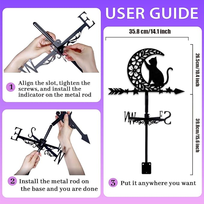 Moon Cat Weathervane Metal Wind Vane Flower Star Garden Decoration Direction Indicator Stake Mount Ornament for Farmhouse Yard Roof Outdoor