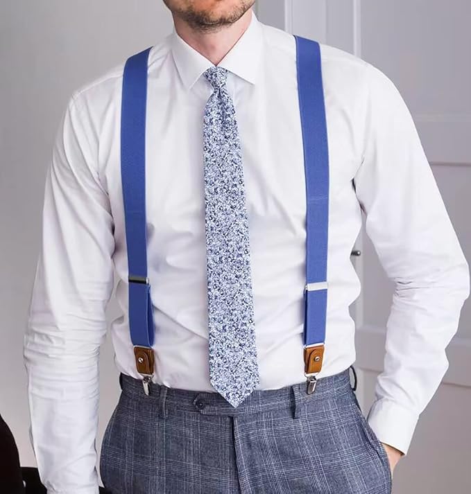 UPSONG Mens Suspenders，Brown Leather Button Tab and Clip Braces Heavy Duty Suspender Wedding Suspenders for Groom Groomsmen