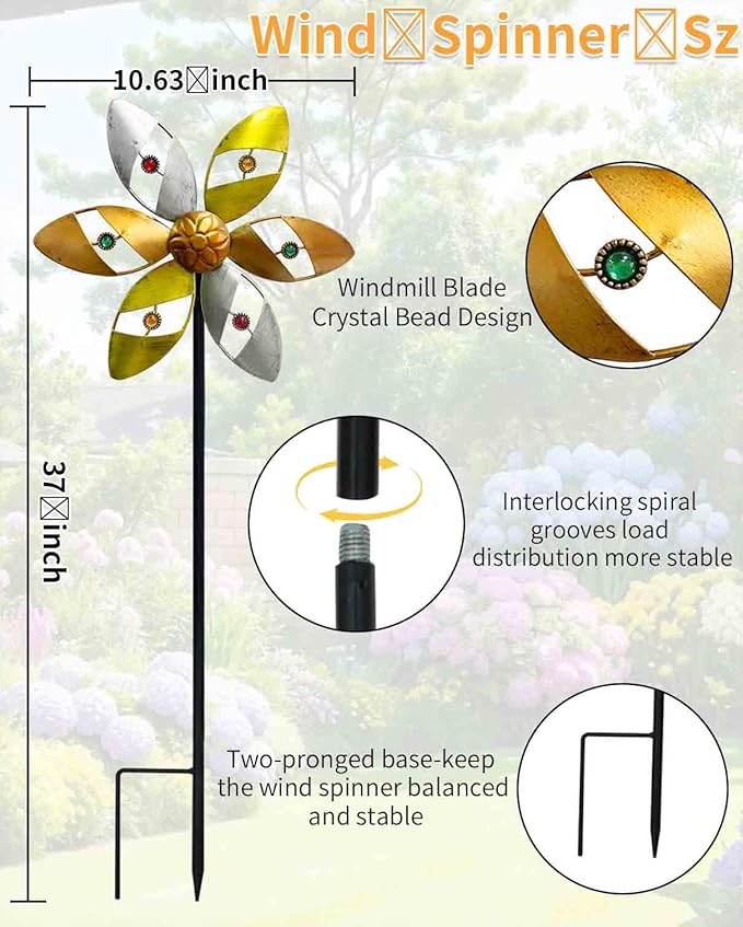 Wind Spinners Outdoor Metal, 10.63" W*37" H Pinwheels for Yard and Garden Decor, Kinetic Wind Sculpture Spinner (Gold Ornate Crystal Bead)