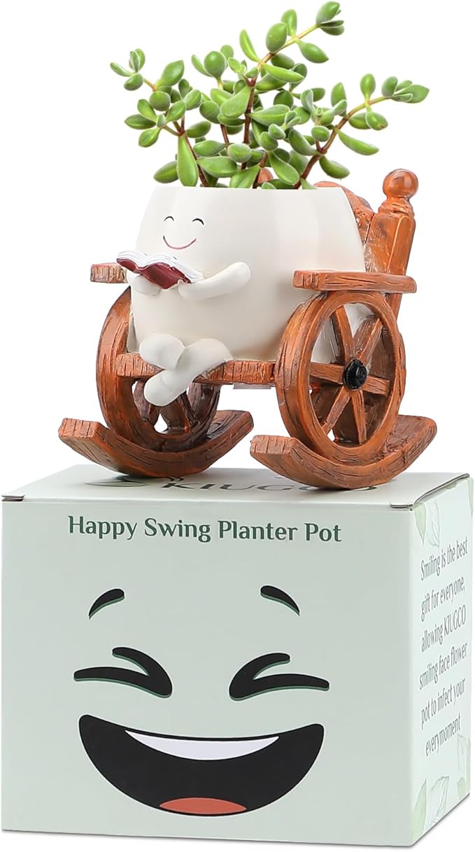 Smily Face Planter Pot, Cute Resin Flower Head Planters for Indoor Outdoor, Unique Sitting Rocking Chairs Succulent Pots, Cute Plant Gifts for Plant Lovers