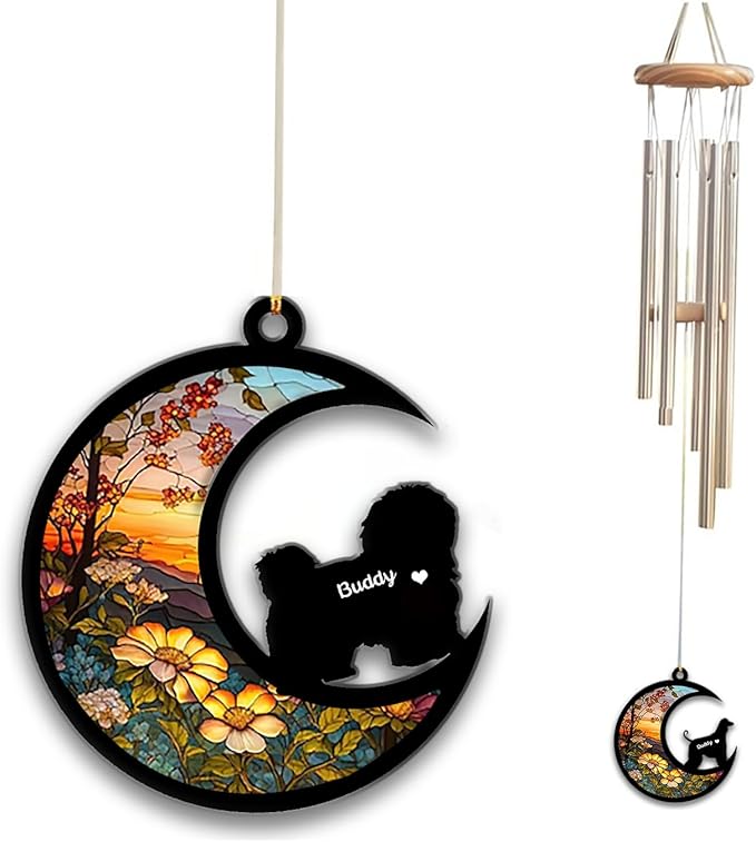 Havanese Sun Catcher Wind Chime, Custom Sunflower Suncatcher Dog Memorial Wind Chime, Dog Loss Gift, Dog Sympathy Gift, Pet Loss Suncatcher, Outdoor Garden Decor