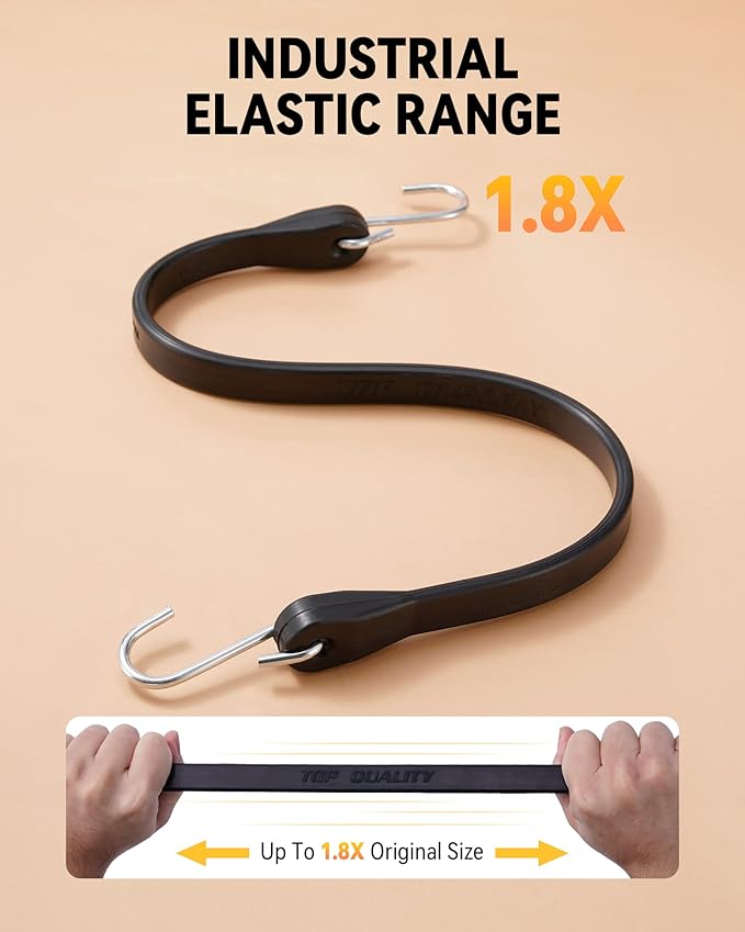 Rubber Bungee Cords Heavy Duty Outdoor with 1.8X Max Stretch & Over 176 lbs Load, 100% EPDM Black Bungee Straps with Crimped S Hooks for Cargo, Tarps, Van, Truck, Motorcycle, Weatherproof (10 Pack)