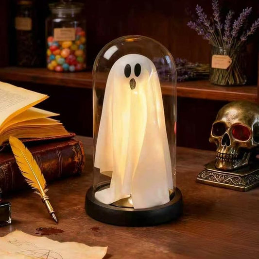 Halloween Decorations Indoor, Light Up Ghost in Transparent Dome Cloche, Cute Spooky Ghost Decor for Tabletop Mantel Display and Holiday Decorations