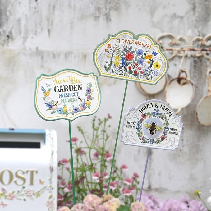 All Chic 3 Pack Metal Bee Garden Stake Decor Embossed Bee Hanging Sign Garden Art Yard Stakes for Decorations Lawn Ornaments Decor(Includes Hanging Chain and Stakes)