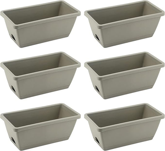 LEXININ 6 Pack 14 Inch Plastic Rectangular Window Planter Box, Window Vegetable Planter Box with Trays, Rectangular Flower Pots for Windowsill, Garden, Balcony, Patio, Grey