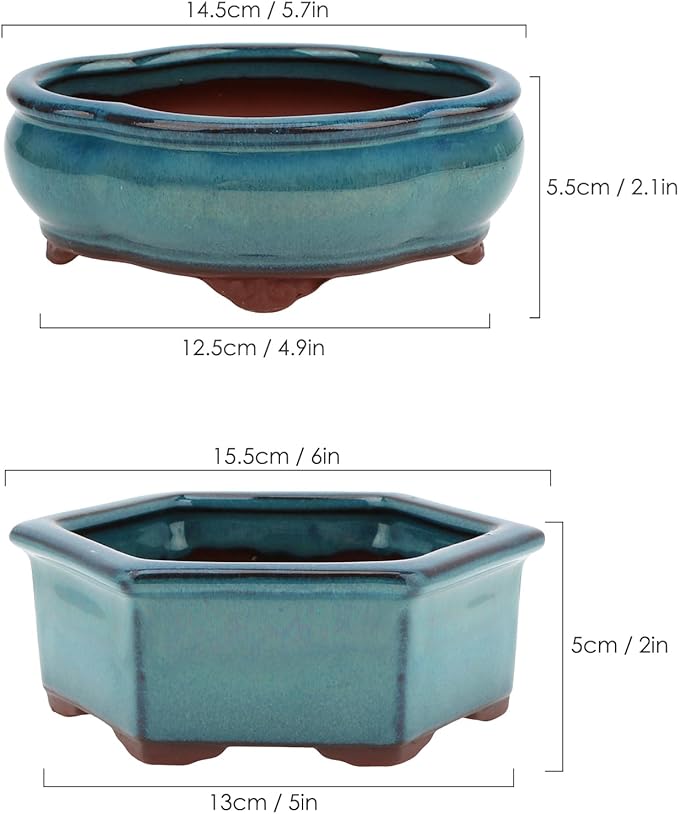 Bonsai Planter 5.7" 6" Small Succulent Glazed Pots Set of 2 + 6 Soft Mesh Drainage Screens