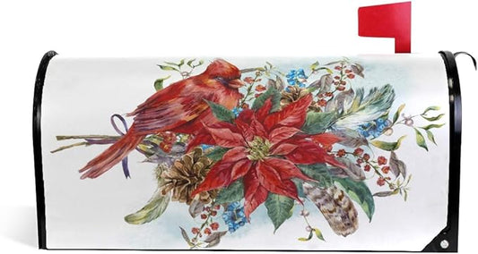 ALAZA Christmas Poinsettia Flower and Winter Bird Red Cardinal Magnetic Mailbox Cover Oversized for Garden Yard Outdoor Decorations-25.5" x20.8