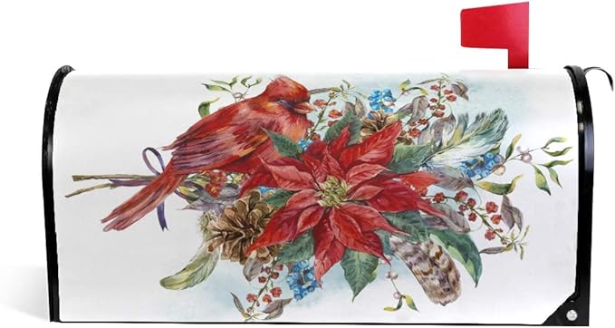 ALAZA Christmas Poinsettia Flower and Winter Bird Red Cardinal Magnetic Mailbox Cover Standard Size for Garden Yard Outdoor Decorations-18 x 20.8"