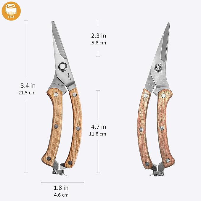 BUGUI Wood Handle Garden Shears, Long Straight Tip, All Steel Construction, Sharp, Well Designed Garden Scissors, 8"