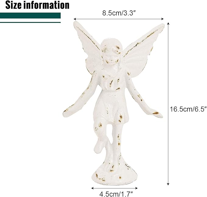 Sungmor Cast Iron Angel Statue, Rustic White Playful Fairy Figurines, Creative Angel Pixie Collection Home Office Desk Decor, Indoor Outdoor Fairy Garden Accent Ornament