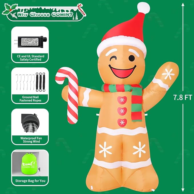 COMIN 7.8 FT Christmas Inflatables Outdoor Decorations Inflatable Gingerbread Man Wave Hands Blow Ups with Built-in LEDs for Yard Party Lawn Decor