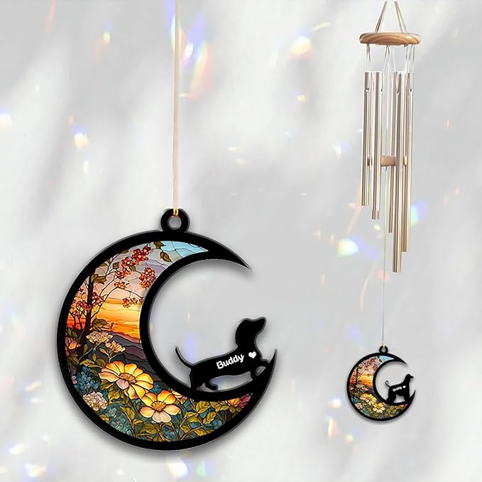 Dachshund Sun Catcher Wind Chime, Custom Sunflower Suncatcher Dog Memorial Wind Chime, Dog Loss Gift, Dog Sympathy Gift, Pet Loss Suncatcher, Outdoor Garden Decor