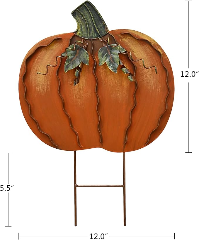 2X Pumpkin Garden Stake Metal Pumpkin Yard Sign Fall Decor, Decorative Garden Decor Pumpkin Outdoor Stakes Autumn Harvest Thanksgiving Halloween Rustic Pumpkin Décor Home (Orange, 20" H, 17" H)