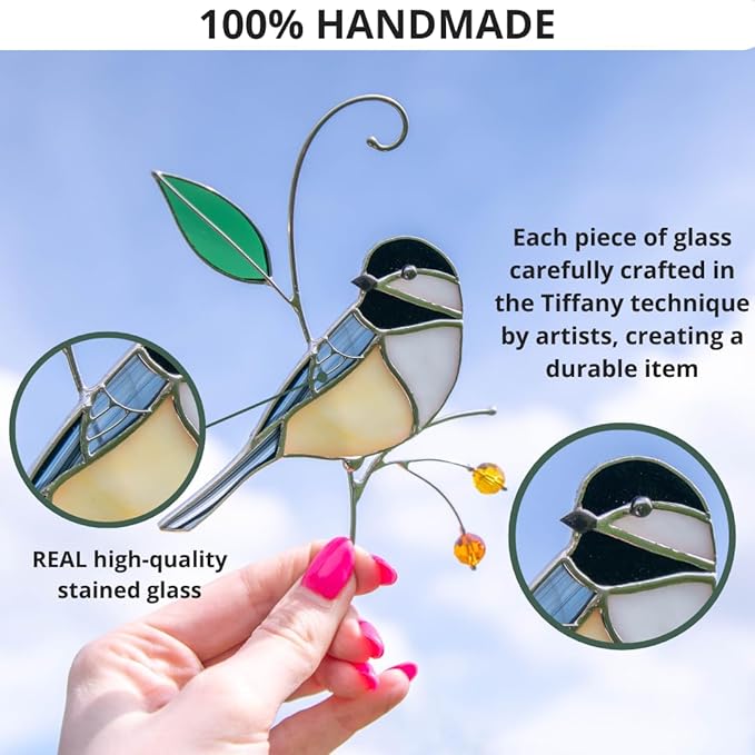 Gift Birds Handmade Chickadee Stained Glass Suncatchers Genuine Stained Glass Window Hanging Unique Indoor Ornament & Outdoor Decor (A Chickadee)