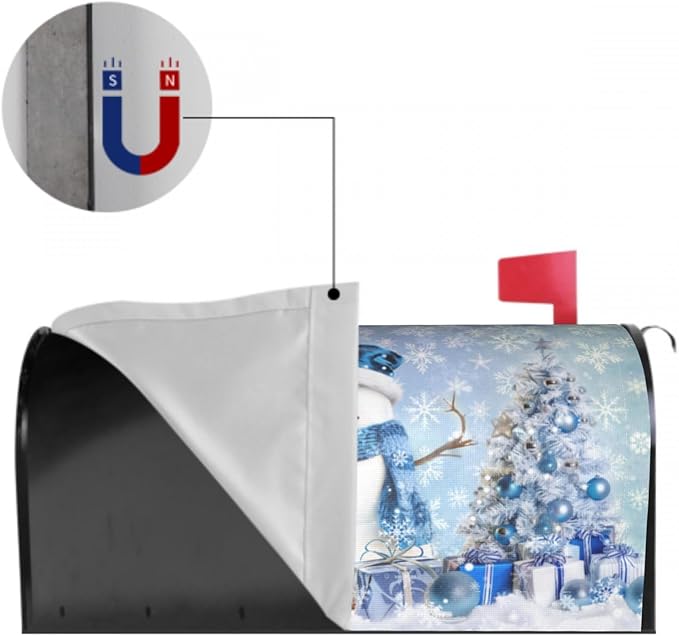 Winter Snowman Mailbox Cover Magnetic 25.5"x21" Oversize Blue Christmas Tree Balls Xmas Snowflakes Mailbox Wrap Post Cover Decor for Yard Garden Home Outdoor Holiday New Year