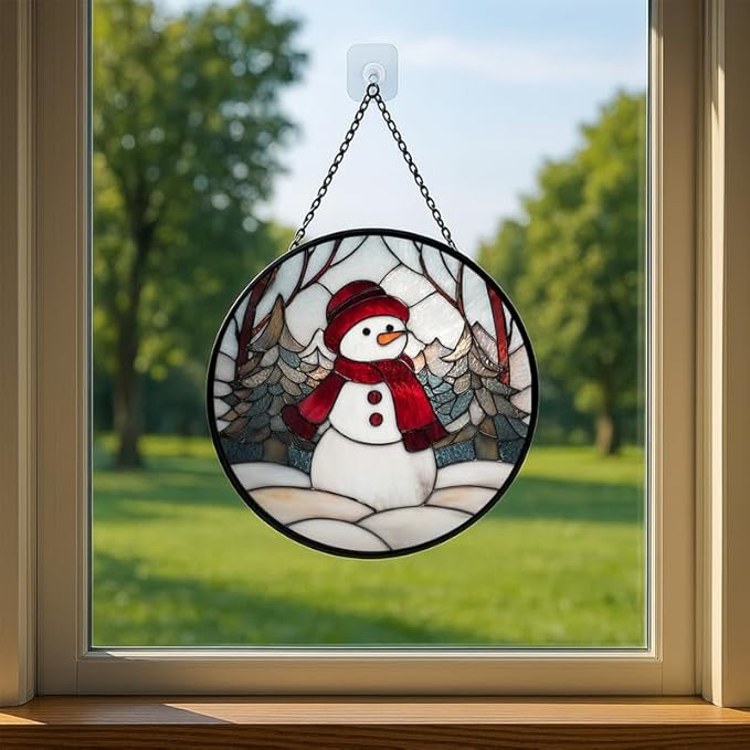 Stained Glass Window Hanging – 7.8 in Snowman Panel with Chain， Winter Holiday Bathroom Front Door Living Room Garden Decor， Gift for Mom Wife Lovers