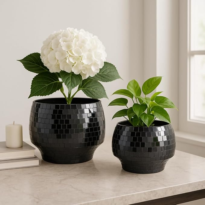 Flower Pots and Planters for Home Decor – Mosaic Indoor and Outdoor Plant Pots for Garden, Patio, or Room – Modern Pots for Indoor Plant Stand for Herbs, Succulents, or Ferns Set of 2 – 8", 6" Black