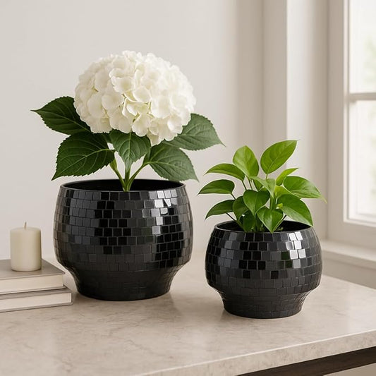 Flower Pots and Planters for Home Decor – Mosaic Indoor and Outdoor Plant Pots for Garden, Patio, or Room – Modern Pots for Indoor Plant Stand for Herbs, Succulents, or Ferns Set of 2 – 8", 6" Black