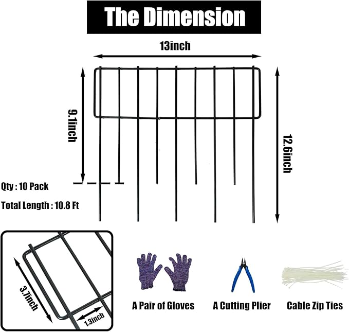 Confote Animal Barrier Fence, 10 Pack 10.8ft(L) x 12.6in(H) Decorative Garden Fence Rustproof Metal No Dig Fencing Border for Landscape Patio Yard Outdoor