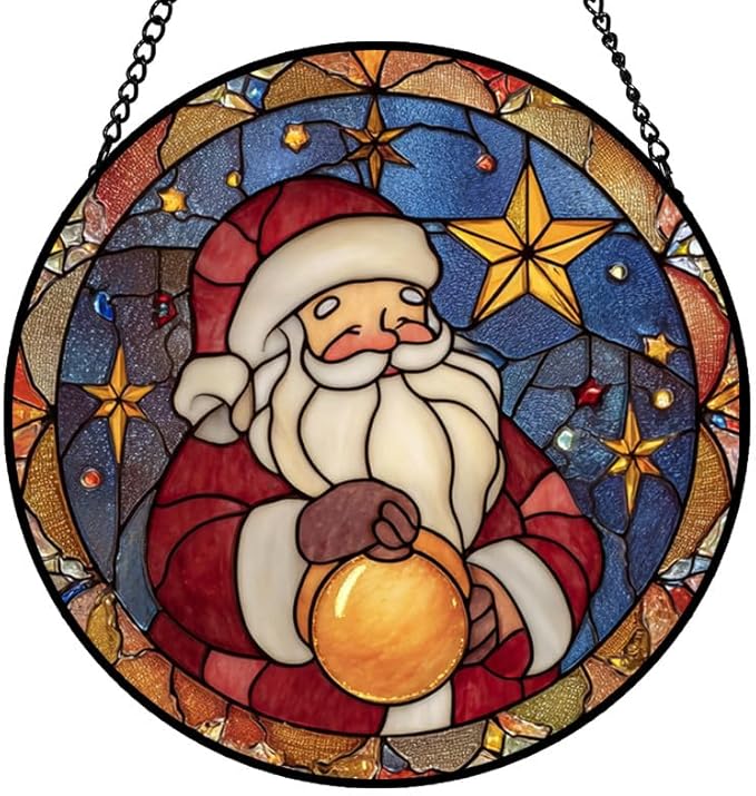 Stained Glass Window Hanging – 9.8 in Santa Claus Panel with Chain， Bathroom Front Door Living Room Garden Christmas Holiday Decor， Gift for Mom Wife Lovers