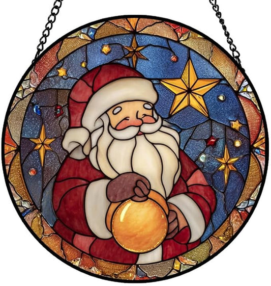 Stained Glass Window Hanging – 11.8 in Santa Claus Panel with Chain， Bathroom Front Door Living Room Garden Christmas Holiday Decor， Gift for Mom Wife Lovers