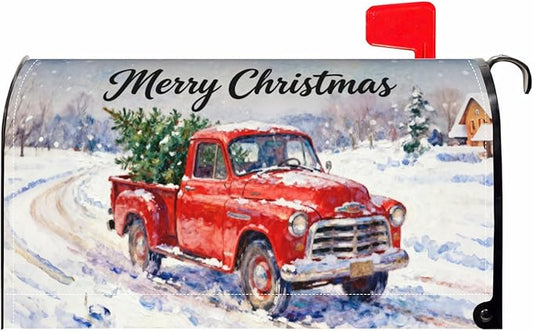Christmas Red Truck Mailbox Covers Magnetic Standard Size Rustic Snow Scene Xmas Tree Merry Holiday Outdoor Decorative Farmhouse Letter Box Cases for Home Garden Outside Decor, 21x18 Inch