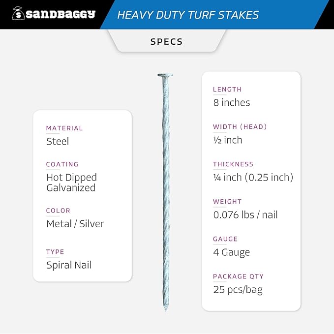 Sandbaggy 8" Heavy Duty Galvanized Artificial Turf Stakes - Spiral Landscape Nails - Ground Spikes/Pins - Synthetic Grass, Lawn, Edging, Weed Barrier Fabric, Garden (8 inch - Heavy Duty, 25, Count)
