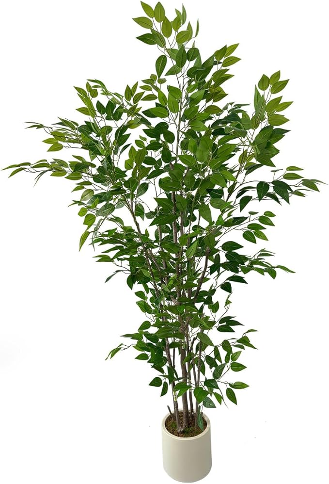 Artificial Ficus Tree with Green Leaves, 6ft Tall, Indoor Plant with Decorative Beige Planter