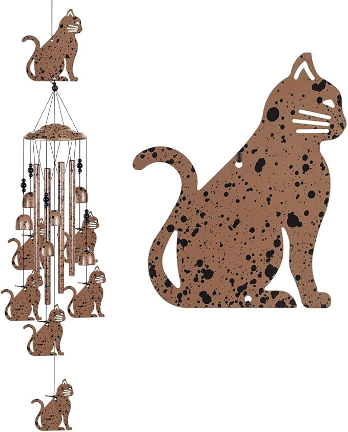 Outdoor Cats Wind Chimes Indoor Decor - Hand-Made Mobile Romantic Brown Wind Catcher, 36" Cat Wind Bells for Home, Balcony, Patio, Garden Festival Decoration, Gift for Mom(4 Tubes, 6 Bells, 7Cats)