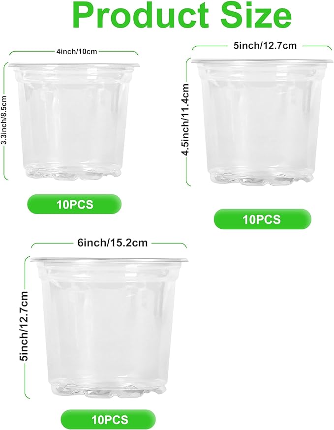 JERIA 30 Pack 6/5/4Inch Clear Nursery Pots with Drainage Holes, Clear Plant Pot for Planting, Transparent Plastic Plant Pots,Durable Seed Starting Pot for Succulents