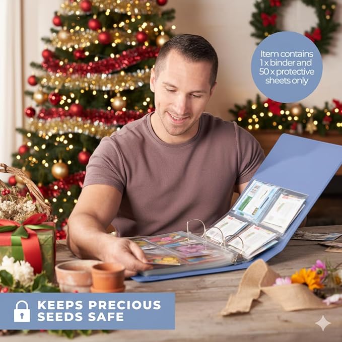 WILDGOOSE Seed Storage Organizer Binder - Seed Packet Organizer with 50 Pack Sheet Protectors That Stores 200 Seed Envelopes. (Blue)