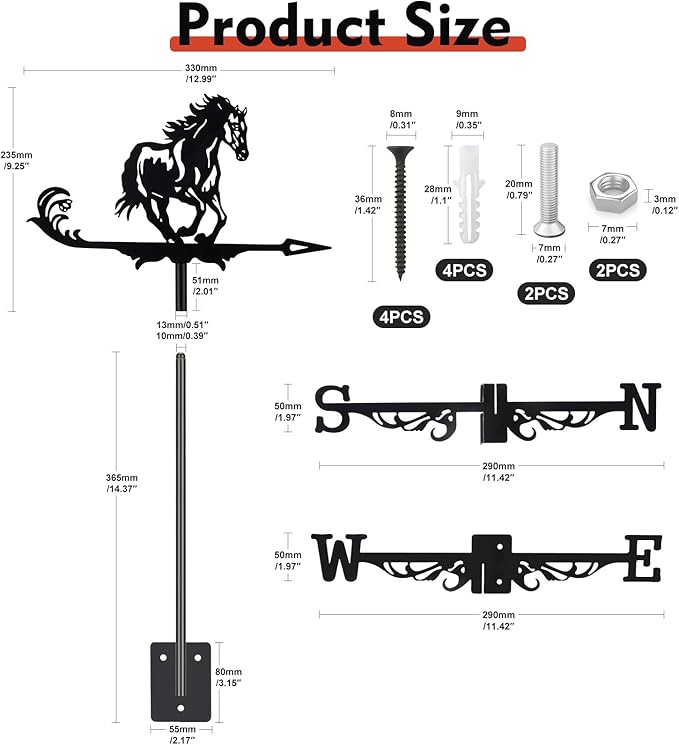 Black Metal Weathervane,Stainless Steel Horse Weather Vane Roof Mount, Wind Direction Indicators Wind Measuring Tool Outdoor, Wind Vane Ornament Decoration for Shed Garden Yard Farmhouse Patio Decor