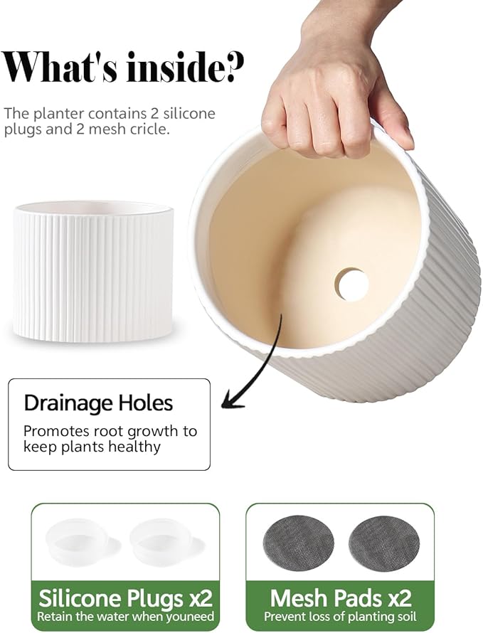Ceramic Plant Pots, 8.1 + 6 Inch Planters for Indoor Plants, Modern Flower Pots for Plants with Drainage, Medium Cylinder Flower Pots for Indoor Plants, House Plants, Matte White