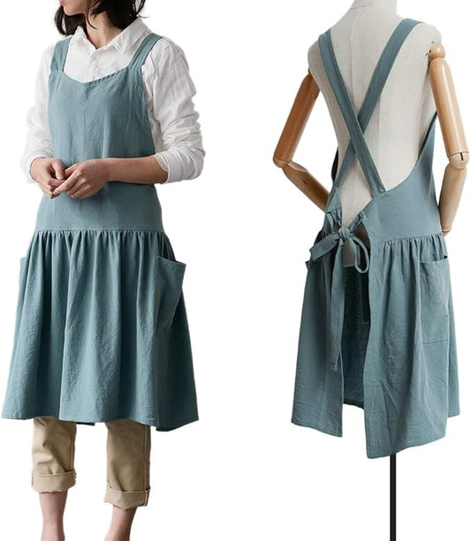 NEWGEM Cotton Linen Cross Back Apron for Women with Pockets for Gardening Cleaning Turquoise with Waist Ties