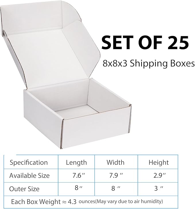 Small Shipping Boxes 8x8x3 Inch (25 Pack) - Sturdy White Corrugated Cardboard Boxes for Small Business, Ecommerce, Mailing & Packaging | Recyclable Gift & Storage Boxes