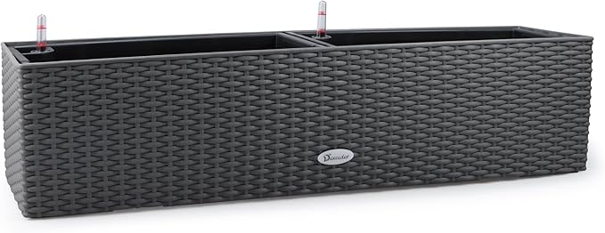 Dexceder 31.5 Inch Rattan Self Watering Planter Indoor Outdoor, Thickened Large Rail Flower Plant Pot Window Box with Water Level Indicators (Deep Gray)