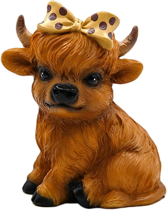 Highland Cow Figurine for Tie a Bow Decor, Highland Cows Themed Gifts for Women, Resin Figures Home Desk Decorations Accents (Brown) (1, Highland Cow Figurine(Brown))