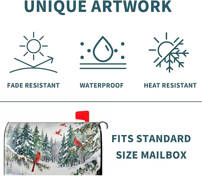 Winter Large Mailbox Covers Magnetic Oversized Green Red Cardinal Bird Christmas Tree Snow Scene Theme Outdoor Decorative Holiday Seasonal Letter Box Cases for Home Garden Outside Decor, 25.5x21 Inch