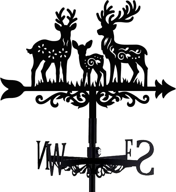 Deer Family Weathervane Metal Wind Vane Arrow Weathercock Garden Decoration Wind Direction Indicator Stake Roof Mount Ornament for Farmhouse Yard Outdoor