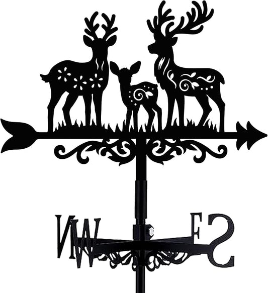 Deer Family Weathervane Metal Wind Vane Arrow Weathercock Garden Decoration Wind Direction Indicator Stake Roof Mount Ornament for Farmhouse Yard Outdoor