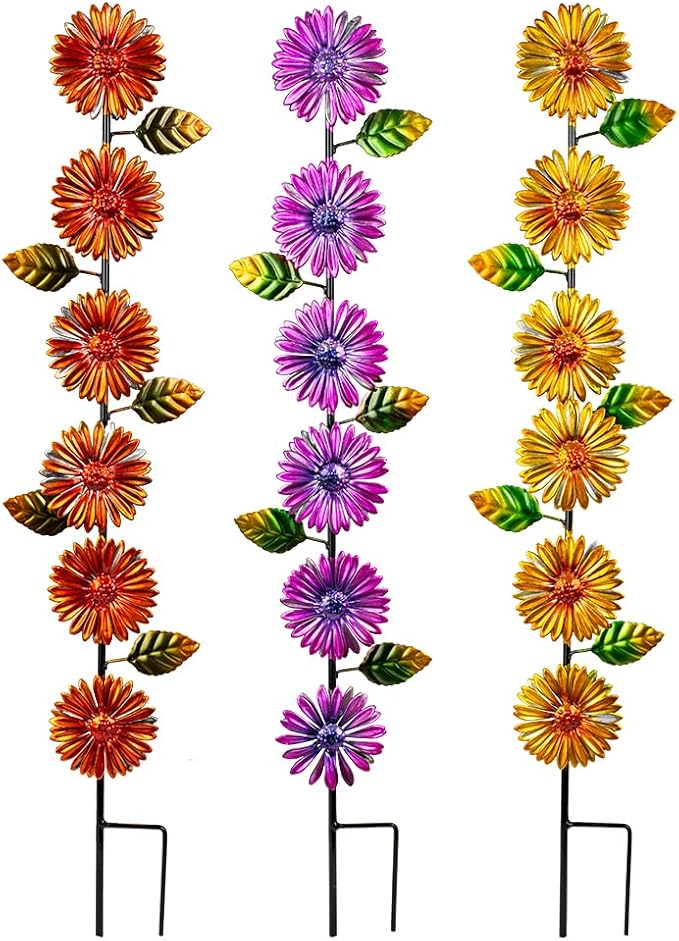 Stargarden Metal Flowers Garden Stakes, 3 Pack Decorative Garden Stakes, Colorful Garden Decor Waterproof Metal Flowers for Outside, Lawn, Patio