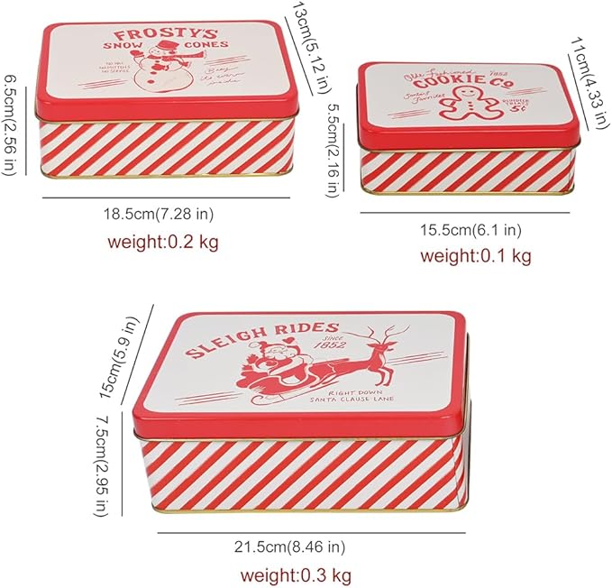 Christmas Cookie Tin Set of 3 Decorative Metal Storage Tin Boxes with Lids for Home Decor Memory Boxes for Keepsakes and Photos(GreyRed)