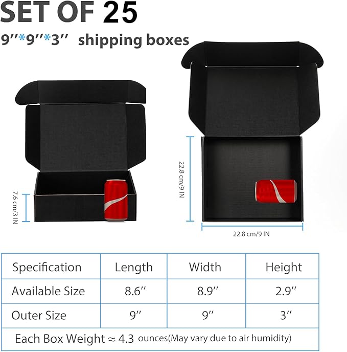 Small Shipping Boxes 9x9x3 Inch (25 Pack) - Sturdy Black Corrugated Cardboard Boxes for Small Business, Ecommerce, Mailing & Packaging | Recyclable Gift & Storage Boxes