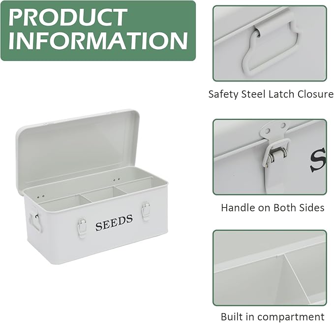 Garden Seed Box, White Metal Seed Storage Box, Seed Storage Organizer Case with 4 Dividers, Seeds Packet Container for Gardening, Seed Envelope Storage Box with Portable Handle & Safety Lock